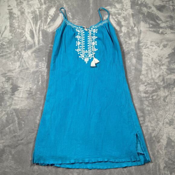 Pink Chicken Dress Womens Medium Blue Boho Hippie Gauzy Embroidered Flowy Tassel - Picture 6 of 13